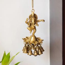 ExclusiveLane Gold Brass Swaying Ganesha Hand-Etched Decorative Hanging Diya With Bell-image-84