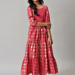 Aurelia Kids Pink & Golden Cotton Embroidered Dress-image-85