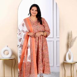 Miravan Orange Floral Print Anarkali Kurta Dupatta set-picture-3