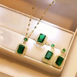 Peora Gold Plated CZ Studded Green Pendant Chain Earrings & Finger Ring Set-image-58