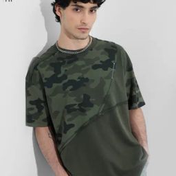 The Souled Store Green Cotton Loose Fit Camouflage T-Shirt-image-65