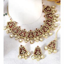 Peora Gold Plated Kundan & Meenakari Necklace with Earrings & Maang Tikka Set-image-67