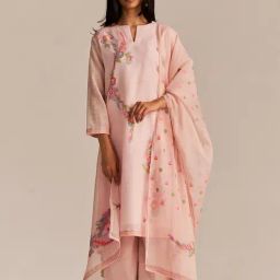 Ganga Fashions Primrose Pink Viscose Chanderi Linen Regular Woven Kurta Set-image-66