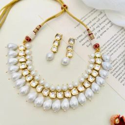Abdesigns Gold-Tone Plated Statement Kundan Polki Necklace & Earring Set-16