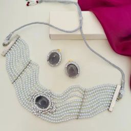 Abdesigns Silver Polki American Diamond Statement Necklace & Earring Set-image-82