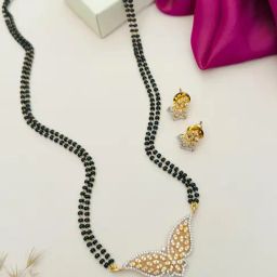 Abdesigns Gold-Tone Plated American Diamond Studded Beaded Minimal Mangalsutras-98