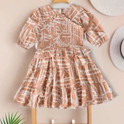 Bella Moda Girls Beige Cotton Three Fourth Puffed Sleeves Graphic Printed Dress-image-61