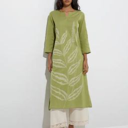Utsa by Westside Green Leaf Patterned Cotton-Blend A-Line Kurta-image-18