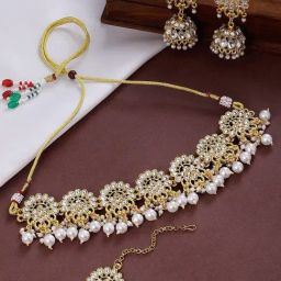 OOMPH Gold Kundan Necklace, Earring & MaangTikka Set-49
