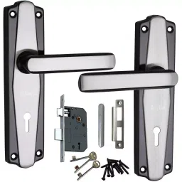 Atom Iron Silver and Black Door Handle Lock Set, MH-IR-609-KY-BS-11