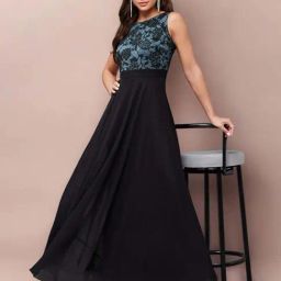 Miss Chase Blue & Black Round Neck Sleeveless Georgette Floral Lace Fit & Flare Maxi Dress-image-89
