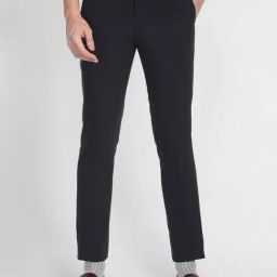 Arrow New York Navy Slim Fit Check Flat Front Trousers-picture-45