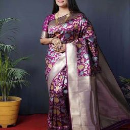 SHUBHKALA Purple & Golden Silk Woven Saree With Unstitched Blouse-image-11