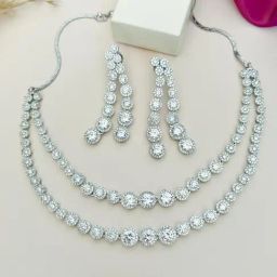 Abdesigns Silver Cubic Zirconia American Diamond Necklace & Earring Set-34
