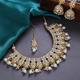 OOMPH Gold Kundan Necklace, Earring & MaangTikka Set-45