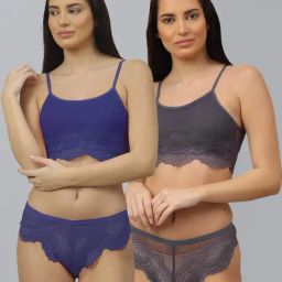 AROUSY Blue & Grey Self Pattern Bra Panty Set - Pack Of 2-image-86