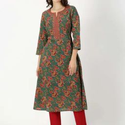 Saffron Threads Green Floral Print A Line Kurta-image-14