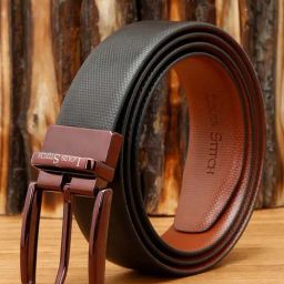 Louis Stitch Black Textured Leather Reversible Belt for Men-image-94