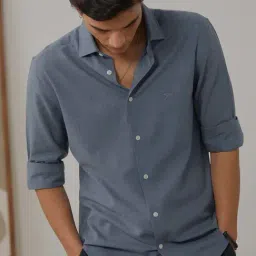 ANDAMEN Blue Slim Fit Cotton Shirt-picture-1