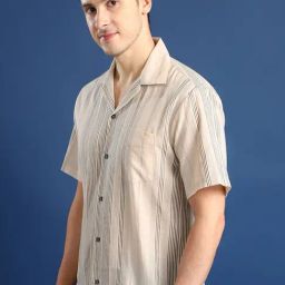 Hancock Beige Cotton Relaxed Fit Stripes Casual Shirt-picture-23