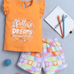 Bumzee Girls Orange Cotton Floral Tshirt and Shorts-image-77