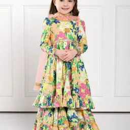 The Pony & Peony Co. Girls Green & Pink Floral Print Full Sleeves Kurta, Sharara with Dupatta-image-5