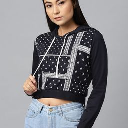 Hubberholme Women Navy Blue & White Printed Hooded Cropped Sweatshirt-image-71