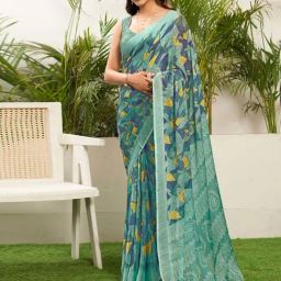 Satrani Turquoise Printed Saree With Unstitched Blouse-picture-4