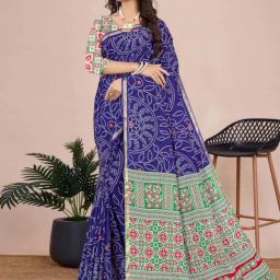 Satrani Blue Pure Cotton Bandhani Saree With Unstitched Blouse-image-59