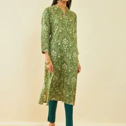 Soch Green Muslin Floral Print Straight Kurta with Sequin Embellishments-image-30