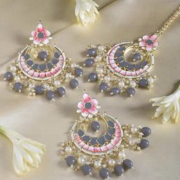 Zaveri Pearls Grey & Orange Meenakari Crescent Earring & Maangtikka Set-ZPFK15370-18