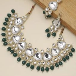 OOMPH Green Beads & Kundan Wedding Bridal Ethnic Choker Necklace Set for Women-10