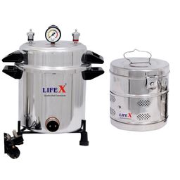 LIFEX Autoclave Sterilizer 13 Litre (9" Dia. x 11.5''H) with 8" x 8" Dressing Drum | CDSCO Class C License | Aluminum Mirror Finish Electric Autoclave Cooker Type to Sterilize medical equipment image 1