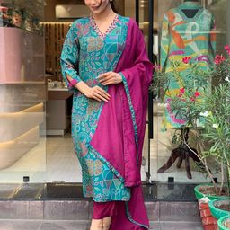 gosriki Women's Cotton Blend Straight Printed Kurta with Pant & Dupatta image 2