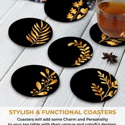 brizberry Brizberry® Premium Round Black Leaf Beautiful Wooden Coasters, Diwali Gift, Fit for Tea Cups, Coffee Mugs and Glasses 4 8 12 (3.5X3.5 Inch) (Design 12 (Set of 6)) image 5