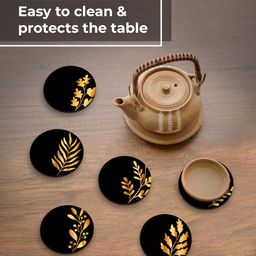 brizberry Brizberry® Premium Round Black Leaf Beautiful Wooden Coasters, Diwali Gift, Fit for Tea Cups, Coffee Mugs and Glasses 4 8 12 (3.5X3.5 Inch) (Design 12 (Set of 6)) image 4