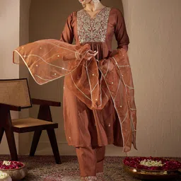 Indo Era Women Ethnic Motifs Embroidered Regular Liva Kurta with Trousers & With Dupatta-51