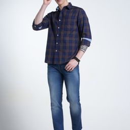 Double Two Relaxed Slim Fit Tartan Checked Chambray Weave Cotton Casual Shirt-image-15