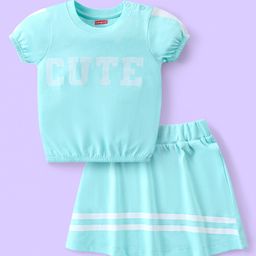 Babyhug 100% Cotton Knit Half Sleeves Top & Skirt Set Text Print - Blue-picture-39