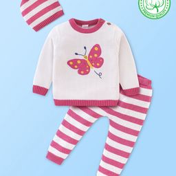 Babyhug Organic Cotton Knit Full Sleeves Sweater Set Stripes & Butterfly Embroidery - White & Pink-picture-24