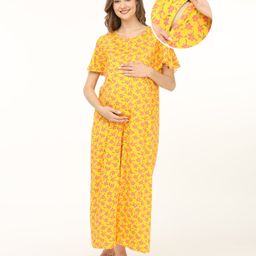 Bella Mama 100% Cotton Knit Half Sleeves Maternity Nighty With Concealed Zipper Floral Print - Yellow-picture-6