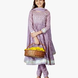 Jilmil Girls Iris Anarkali Suit Set (Set Of 3) - Lavender-image-81