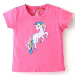 Babyhug Cotton Knit Half Sleeves Unicorn Print T-Shirt - Pink-picture-4