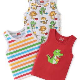 Babyhug 100% Cotton Knit Sleeveless Striped & Lion Print Sando Pack of 3 - Multicolour-image-73