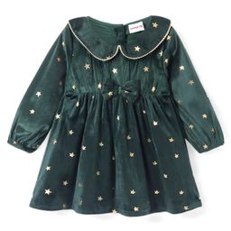 Babyhug Woven Full Sleeves Peter Pan Collar Frock With Foil Star Print & Bow Applique - Green-image-23