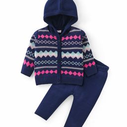 Babyhug Knitted Full Sleeves Front Open Hooded Sweater Set With Aztec Design - Navy Blue-10