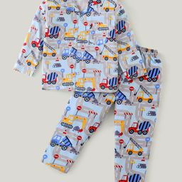 Little Darlings Cotton Knit Full Sleeves Night Suit With Construction Vehicles Print - Sky Blue-image-89