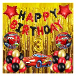 Bubble Trouble No 3 Gold Balloons with Lightning McQueen Theme Birthday Decoration Items or Kit Red Black Foil Banner (Aluminium) Set of 13 Letters with 30 HD Metallic Red , Black & Gold Balloons birthday-13