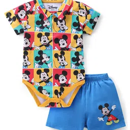 Babyhug Disney Interlock Knit Half Sleeves Onesie With Shorts Mickey Mouse Graphics - Multicolour-picture-14