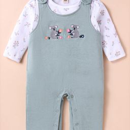 ToffyHouse 100%Cotton Knitted Full Sleeves Floral Printed T-Shirt& Koala Embroidered Dungaree Style Romper - Grey-image-16